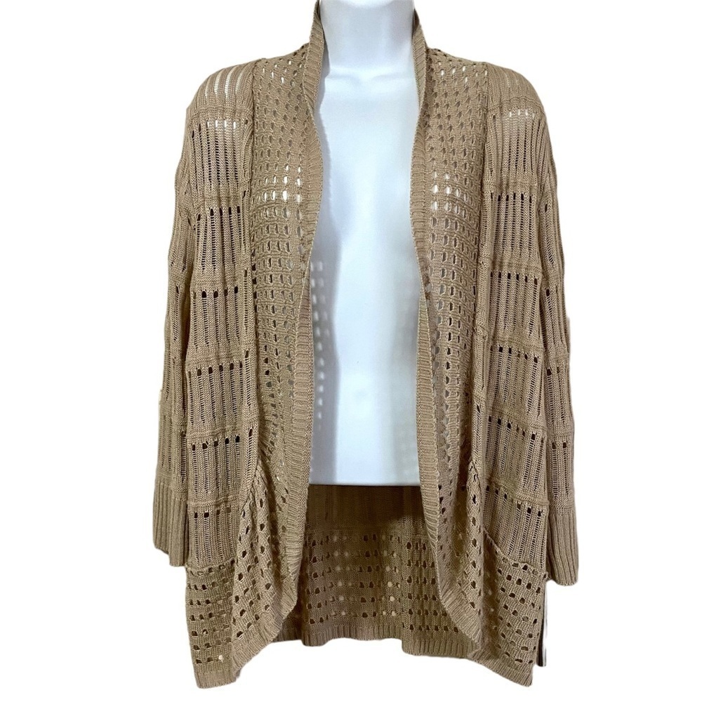 Tan Open-Style Crochet Cardigan Sz Large Open Knit Lightweight Layering Neutral